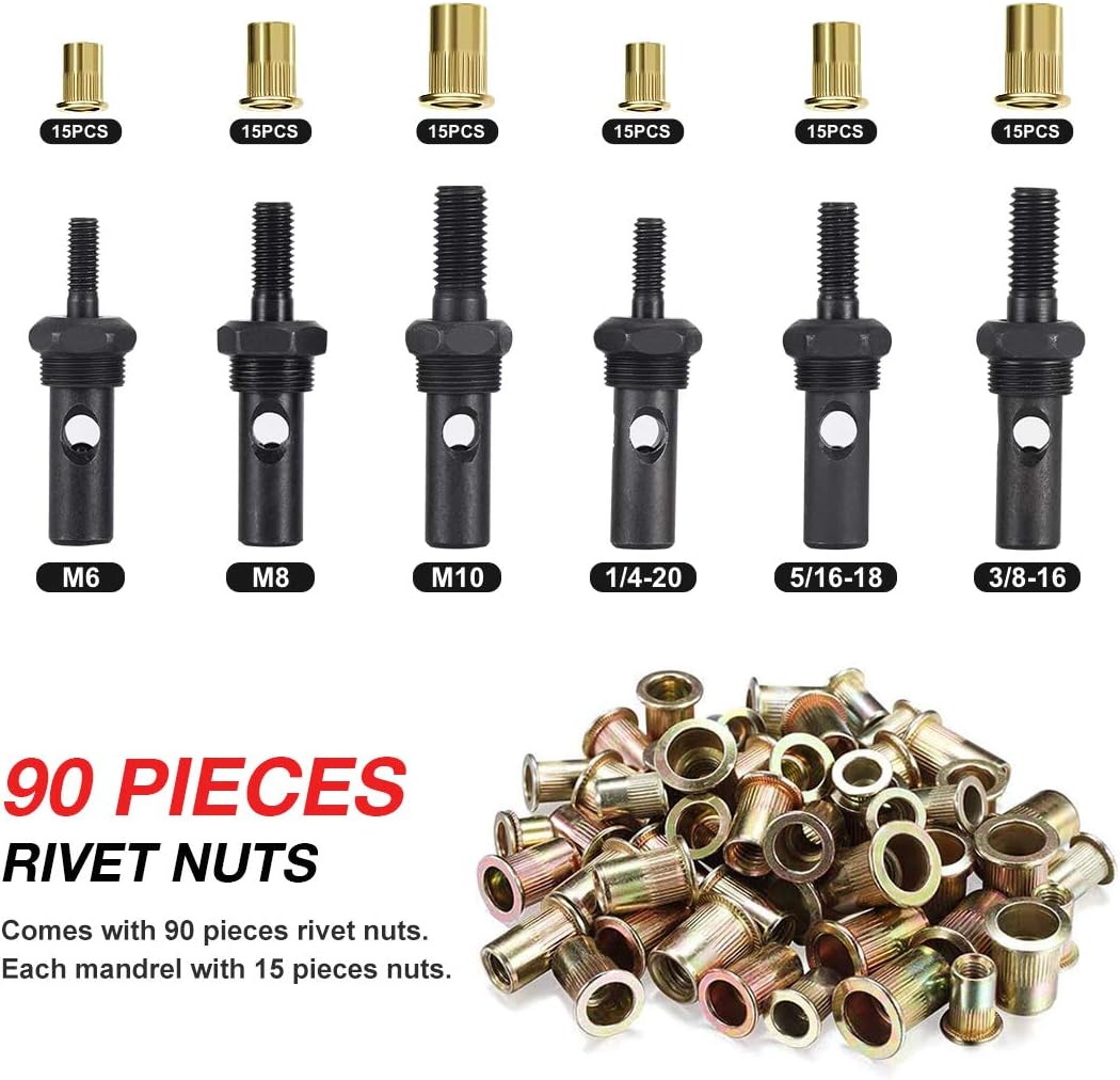 AOBEN 14" Rivet Nut Tool, Professional Hand Rivet Nut Setter Kit Labor-Saving and Compact Design Including 6 Interchangeable Mandrels 90pcs Rivnuts