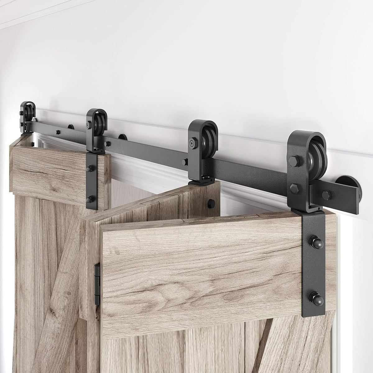 64" Bifold Sliding Barn Door Hardware Track Kit,Side Mounted Black J Shape Roller,Smoothly and Quietly,Assembly Easy,Fit Four 15" Bi-Folding Doors