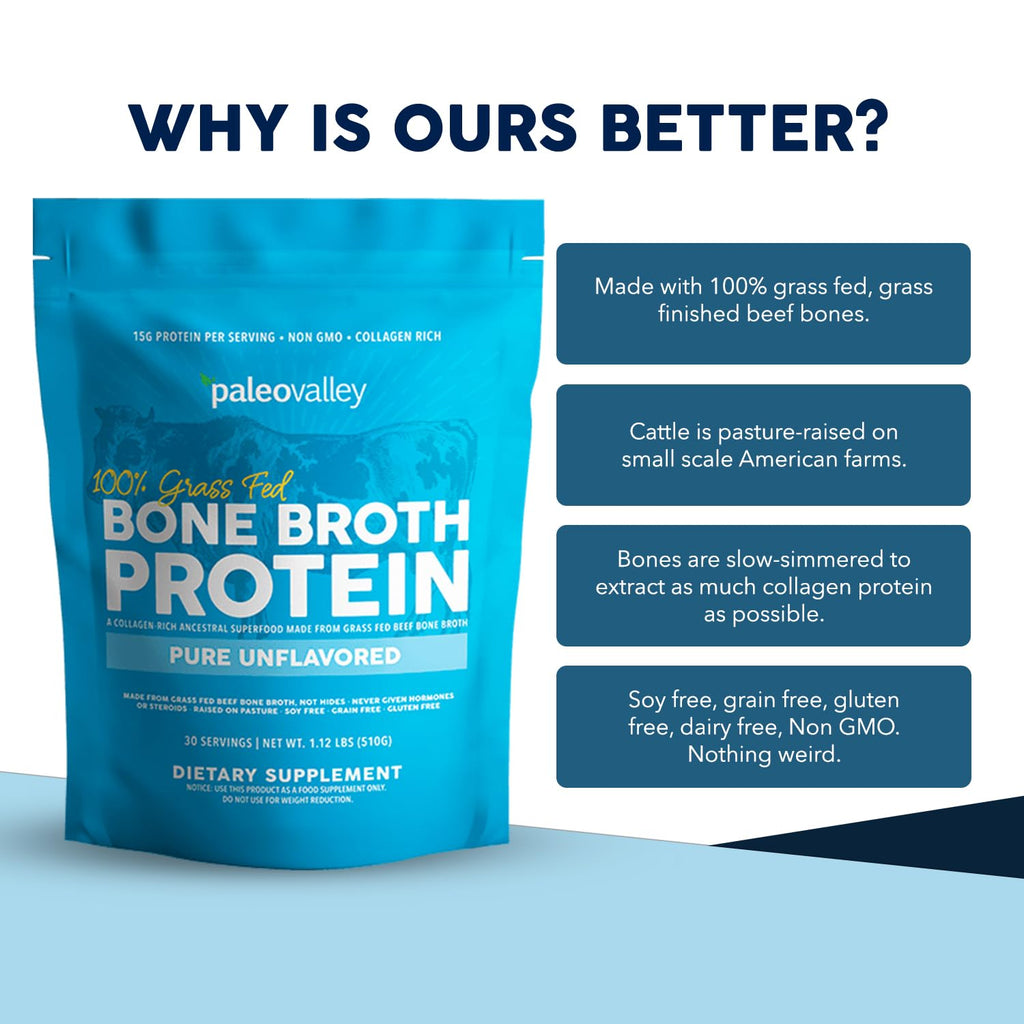Paleovalley 100% Grass Fed Bone Broth Protein Powder, Unflavored