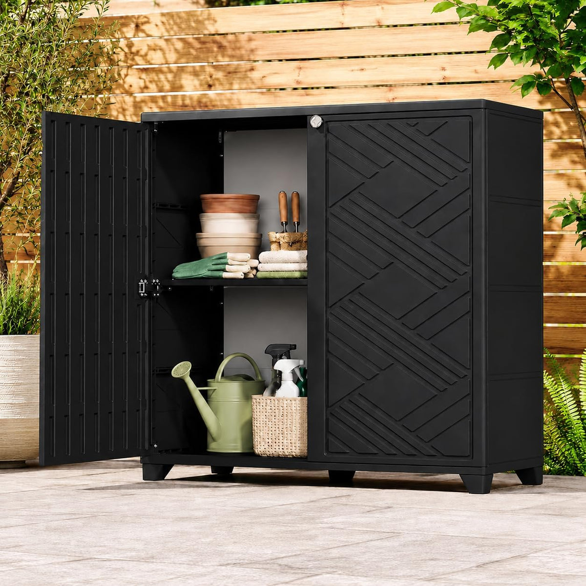 ADDOK Outdoor Storage Cabinet,60 Gallon Waterproof Resin Patio Storage Cabinet with 1 Adjustable Metal Shelf, Upright Outdoor Cabinet for Garden