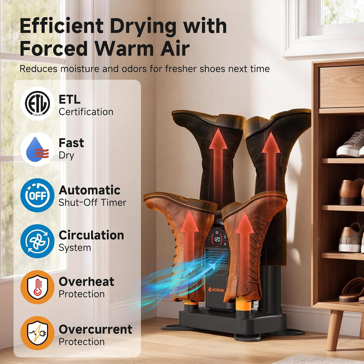 AAOBOSI Shoe & Boot Dryer with Deodorizer Mode, 30-720Min Timer, Heat + Fan