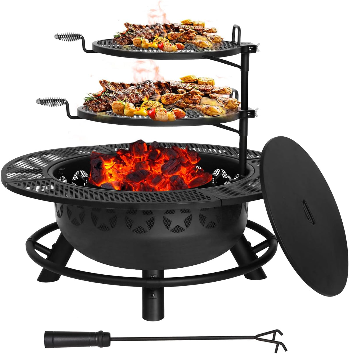 Hykolity 35 Inch Fire Pit with 2 Cooking Grate & Charcoal Pan, Outdoor Wood Burning BBQ Grill Firepit Bowl with Cover Lid, Steel Round Table for