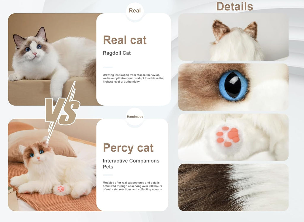 Chongker Interactive Companion Robot Cat Pets, Handmade Weighted Stuffed Animals, Cat Plush Toy with Voice Response, Realistic Heartbeat and Purring