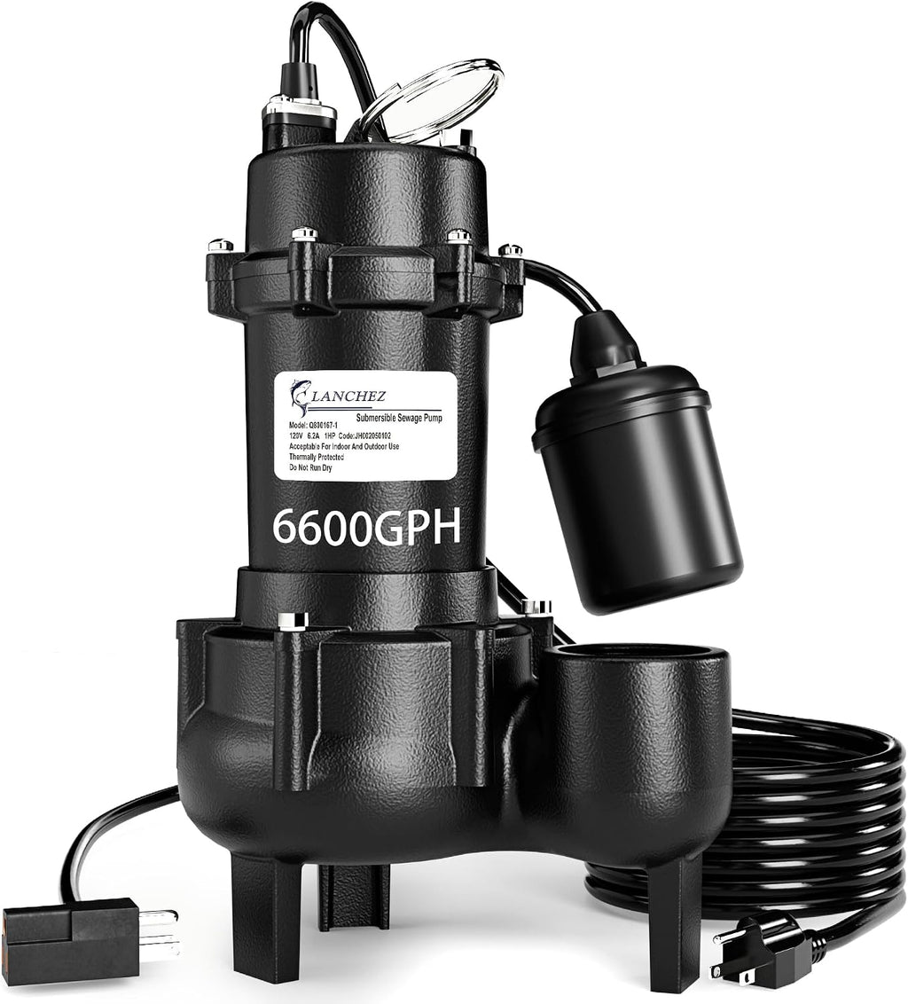 LANCHEZ 1HP 6600 GPH Submersible Sewage Pump, Heavy Duty Cast Iron Effluent Pump with Automatic Tethered Float Switch, Sump Pump for Sump Basin