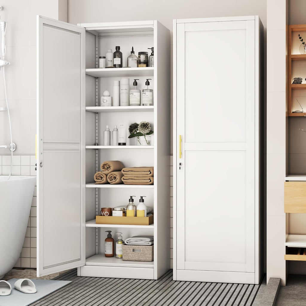 Tall Metal Narrow Bathroom Storage Locker Cabinet 67" H, White Kitchen Pantry Cabinets,File Cabinet Organizer with 5 Adjustable Shelves and Lockable