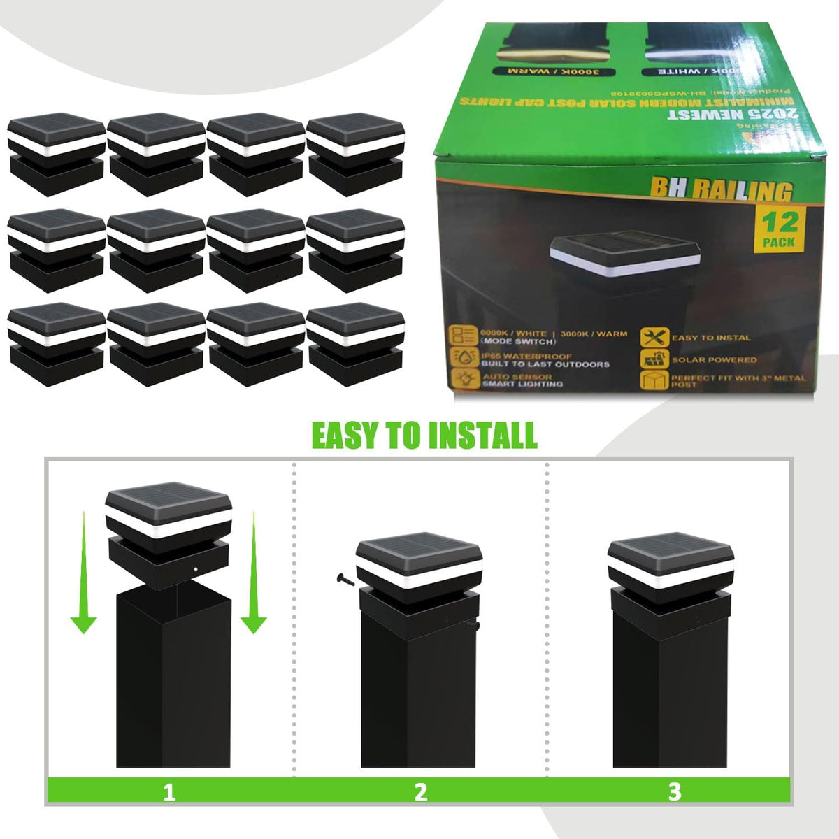 Modern Solar Post Cap Lights - 12 Pack, 2 Modes LED(3000K/6000K) Deck Fence Cap Light for 2x2, 2.5x2.5, 3x3 Posts, IP65 Waterproof, Decoration for