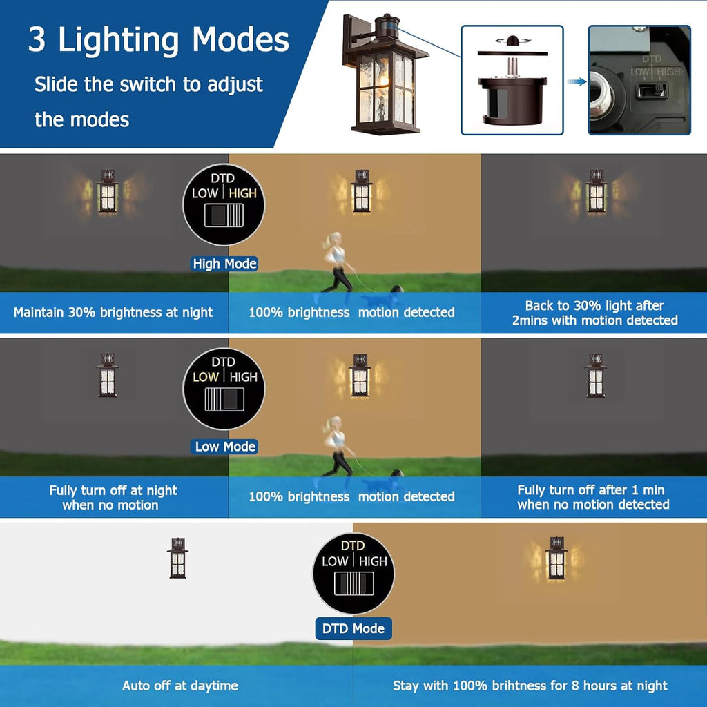 FLEDAVID 2 Pack Motion Sensor Outdoor Wall Lights Dusk to Dawn Exterior Porch Lantern Brown Outside Sconce Lighting Fixtures Rustic Farmhouse Wall