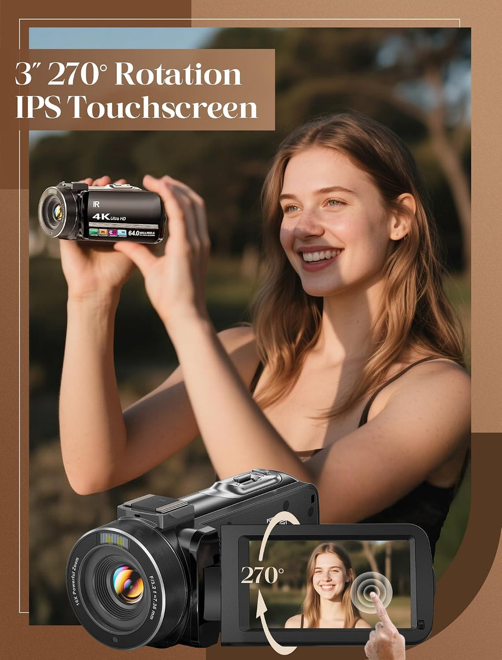 ZYDIIE 4K Video Camera Camcorder UHD 64MP Vlogging Camera for YouTube 18x Digital Zoom 3" 270° Rotation IPS Touchscreen Video Camcorder with Night