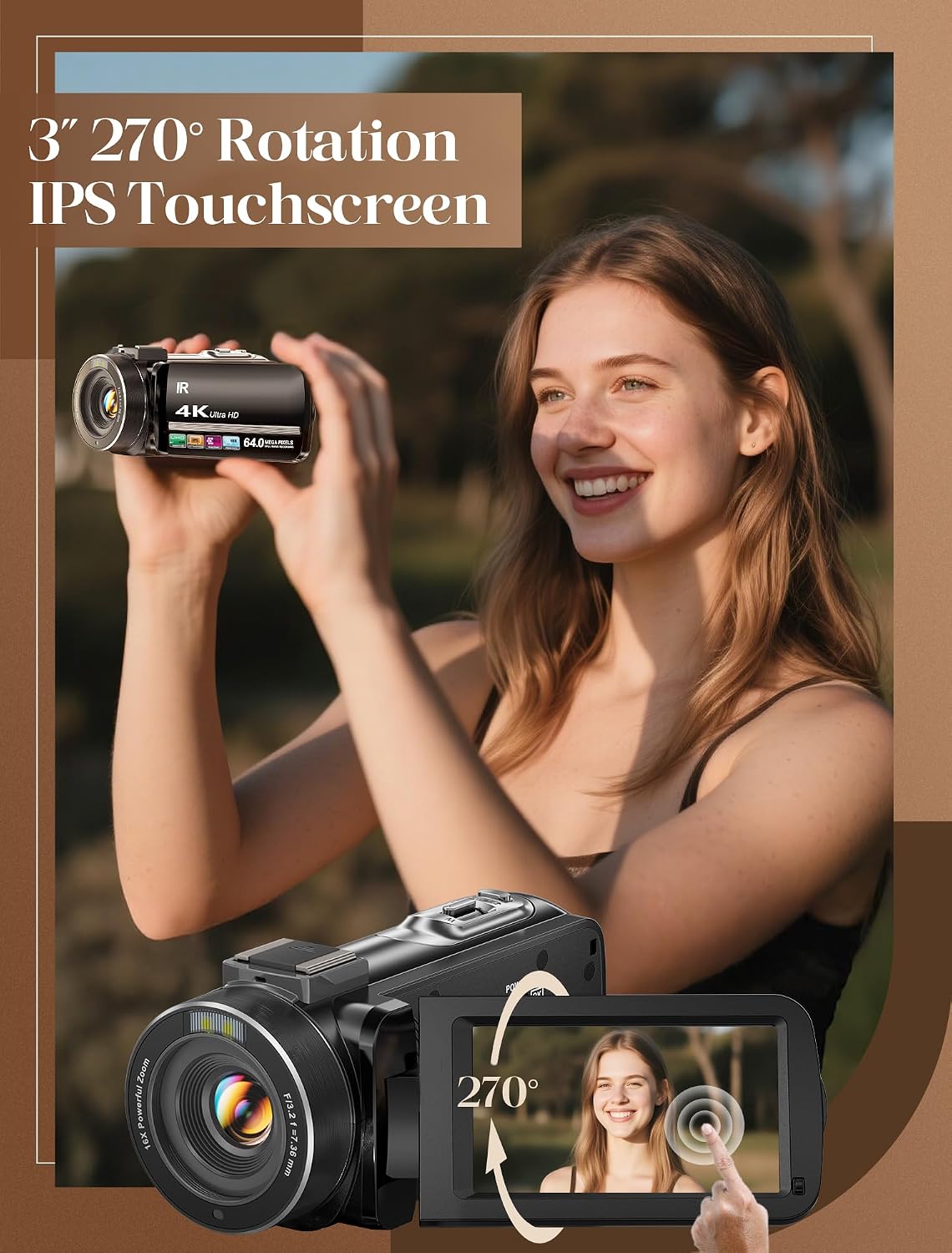 ZYDIIE 4K Video Camera Camcorder UHD 64MP Vlogging Camera for YouTube 18x Digital Zoom 3" 270° Rotation IPS Touchscreen Video Camcorder with Night