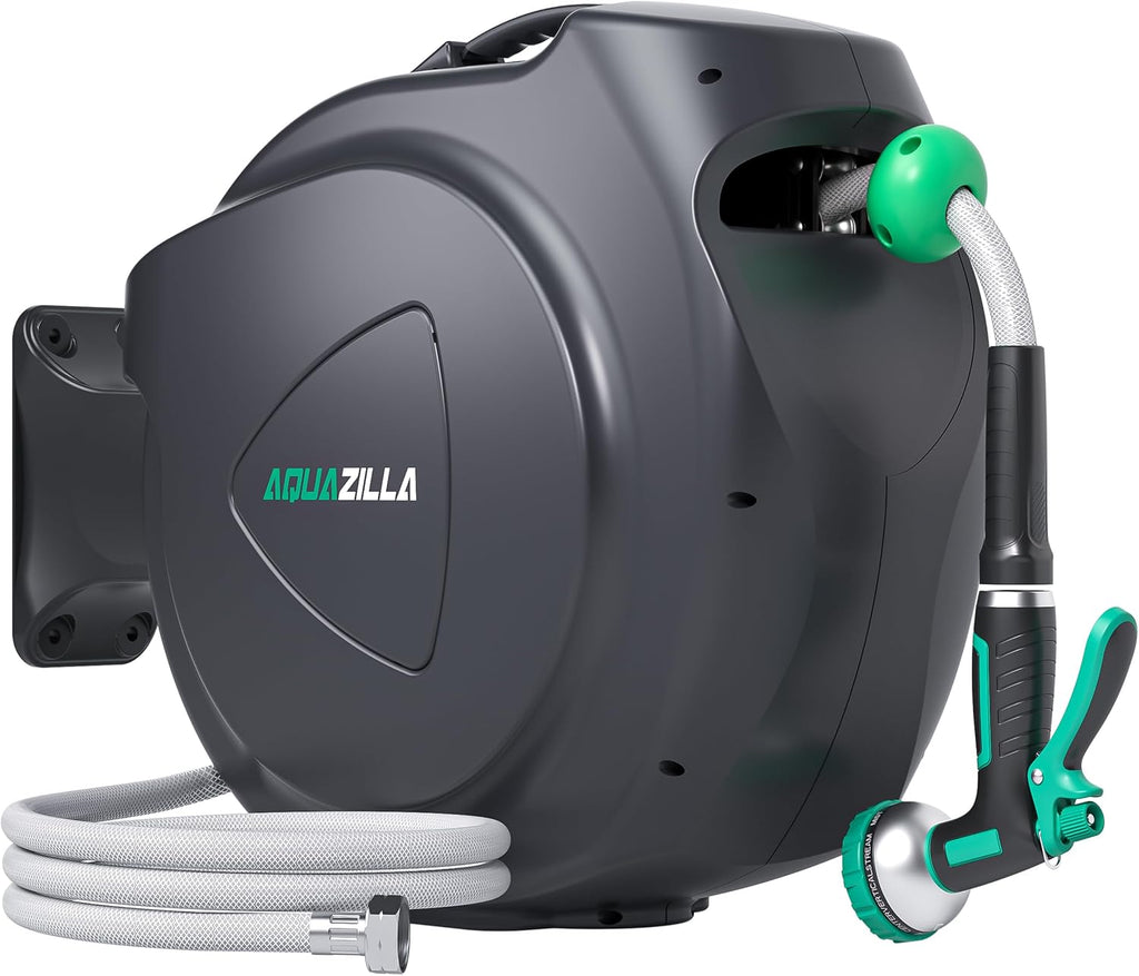 Retractable Garden Hose Reel, 65FT +6FT 5/8" Durable Wall Mounted Water Hose Reel with 180° Swivel Bracket, 9 Pattern Sprayer, 6Ft leader hose,Smooth