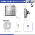 iLIVING 16" Wall Mounted Shutter Exhaust Fan, Automatic Shutter, with Thermostat and Variable Speed controller, 0.85A, 1200 CFM, 1800 SQF Coverage