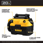 DEWALT 20V MAX Shop Vacuum Wet and Dry, Shop Vac 2 Gallon, Cordless and Corded Wet Dry Vacuum Cleaner, Wide Nozzle, Hepa Filter, Tool Only (DCV581H)