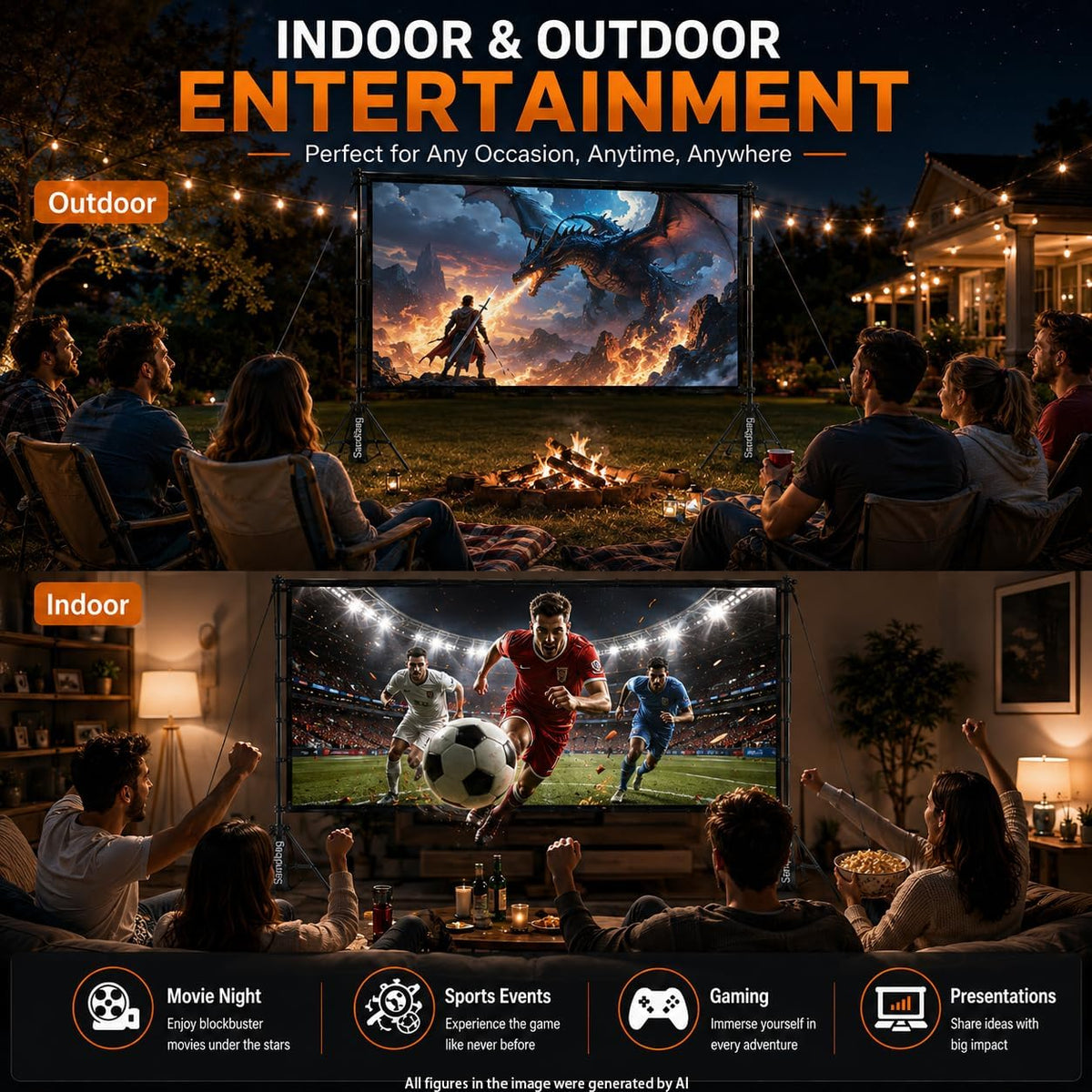 Outdoor Projector Screen with Stand, TOWOND 120 inch Portable Movie Screen, 16:9 HD Foldable Anti-Crease Projection Screen with Carry Bag for Sports