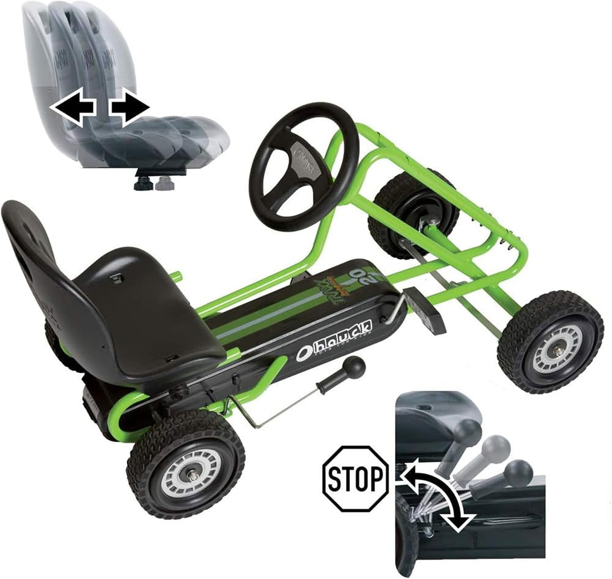 Hauck Lightning - Pedal Go Kart for Kids Ages 4-8, Adjustable Bucket Seat, Plastic Wheels with Rubber Profile, Handbrake for both rear wheels, Ride