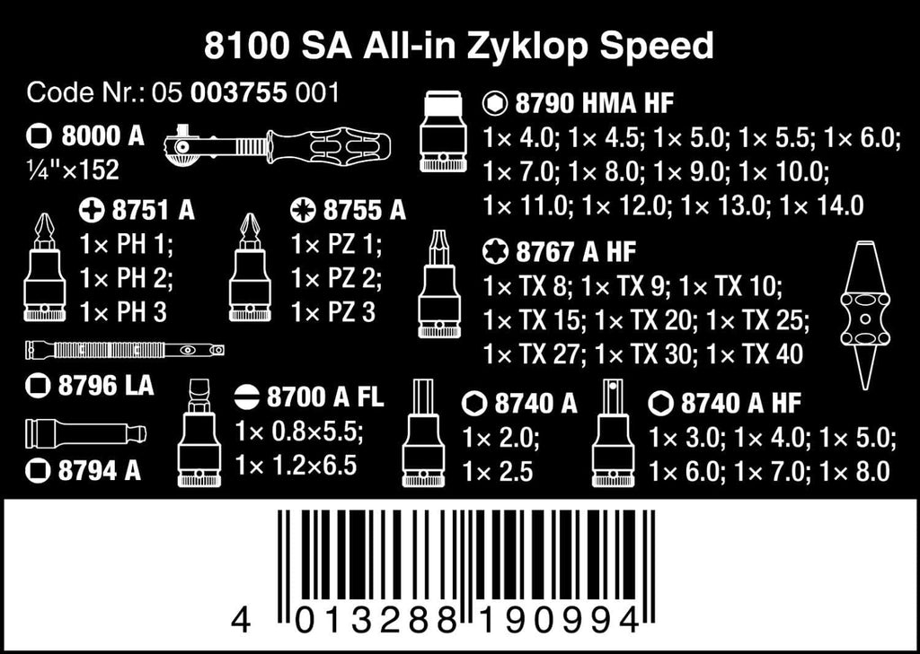 Wera 05003755001 8100 SA ALL-IN ZYKLOP SPEED RATCHET SET 1/4" DRIVE WITH HOLDING FUNCTION METRIC 42 PIECES