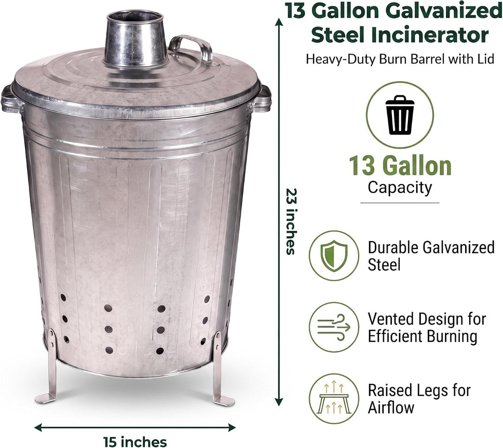 Evergreen Incinerator 13 Gallon Burn Barrel with Lid | Yard Waste Garden Incinerator | Galvanized Steel Burn Cage Incinerator for Paper Leaf Paper