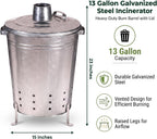 Evergreen Incinerator 13 Gallon Burn Barrel with Lid | Yard Waste Garden Incinerator | Galvanized Steel Burn Cage Incinerator for Paper Leaf Paper