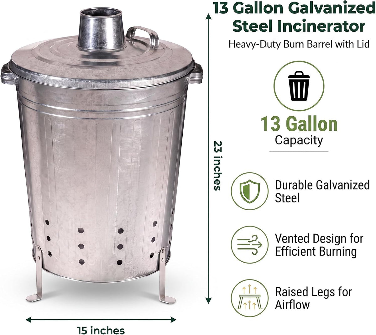 Evergreen Incinerator 13 Gallon Burn Barrel with Lid | Yard Waste Garden Incinerator | Galvanized Steel Burn Cage Incinerator for Paper Leaf Paper