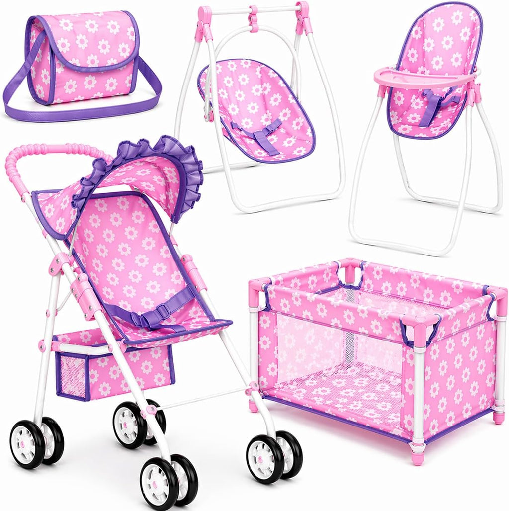 fash n kolor Baby Doll Stroller & Nursery Playset for 18 Inch Dolls – Convertible High Chair, Swing & Bed Doll Furniture Set with Diaper Bag