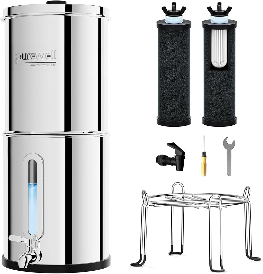 Purewell 2.25G Gravity Water Filter System with Water Level Window, 3-Stage 0.01μm Ultra-Filtration Stainless Steel Countertop System with 2 Filters