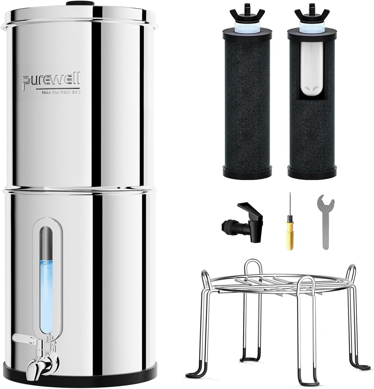 Purewell 2.25G Gravity Water Filter System with Water Level Window, 3-Stage 0.01μm Ultra-Filtration Stainless Steel Countertop System with 2 Filters