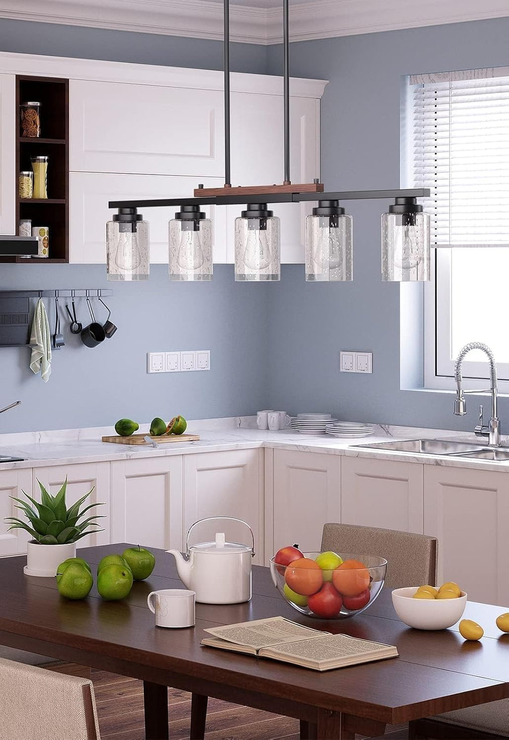 Amico 5-Light Dining Room Light Fixture, Seeded Glass Island Chandelier