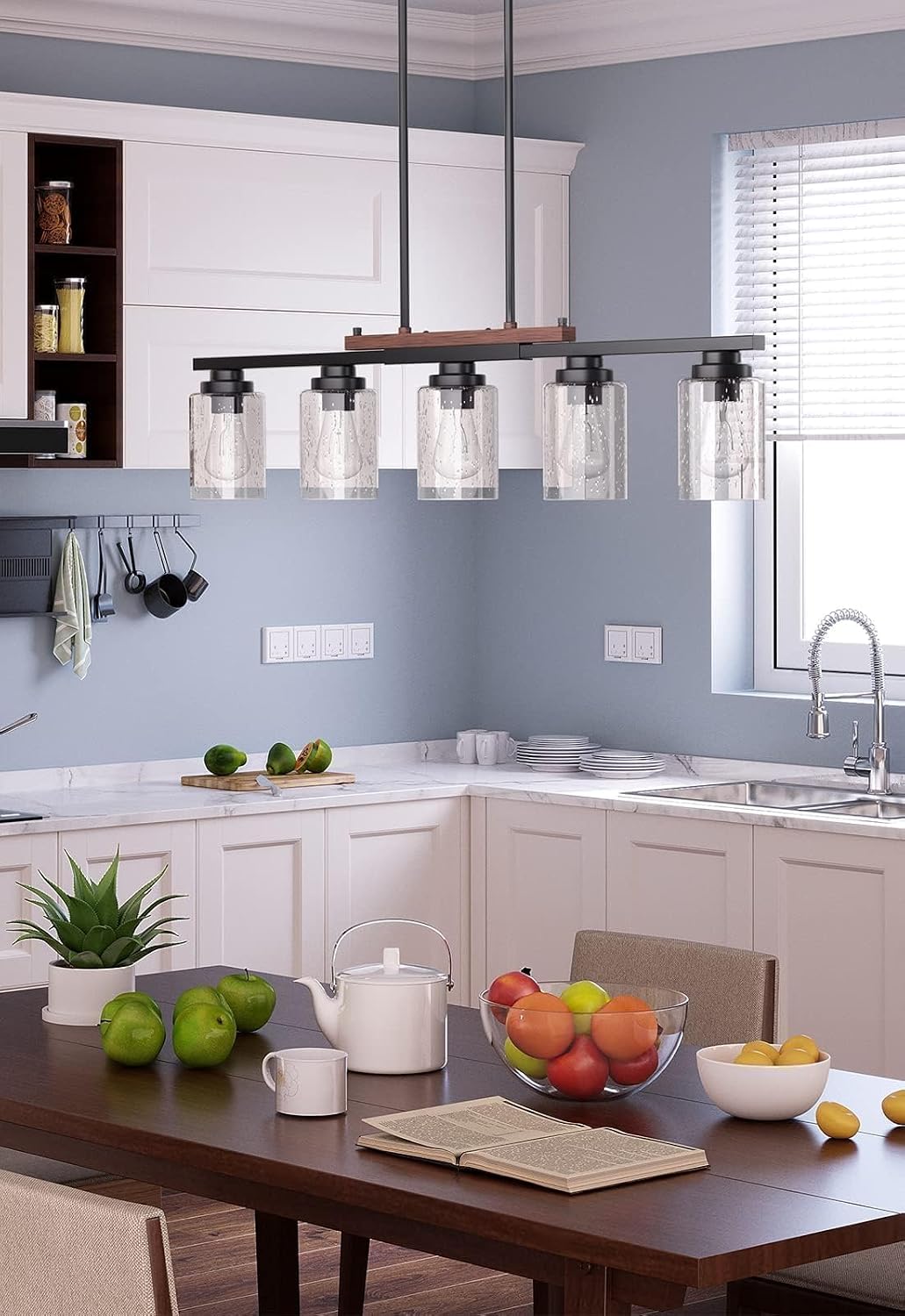 Amico 5-Light Dining Room Light Fixture, Seeded Glass Island Chandelier