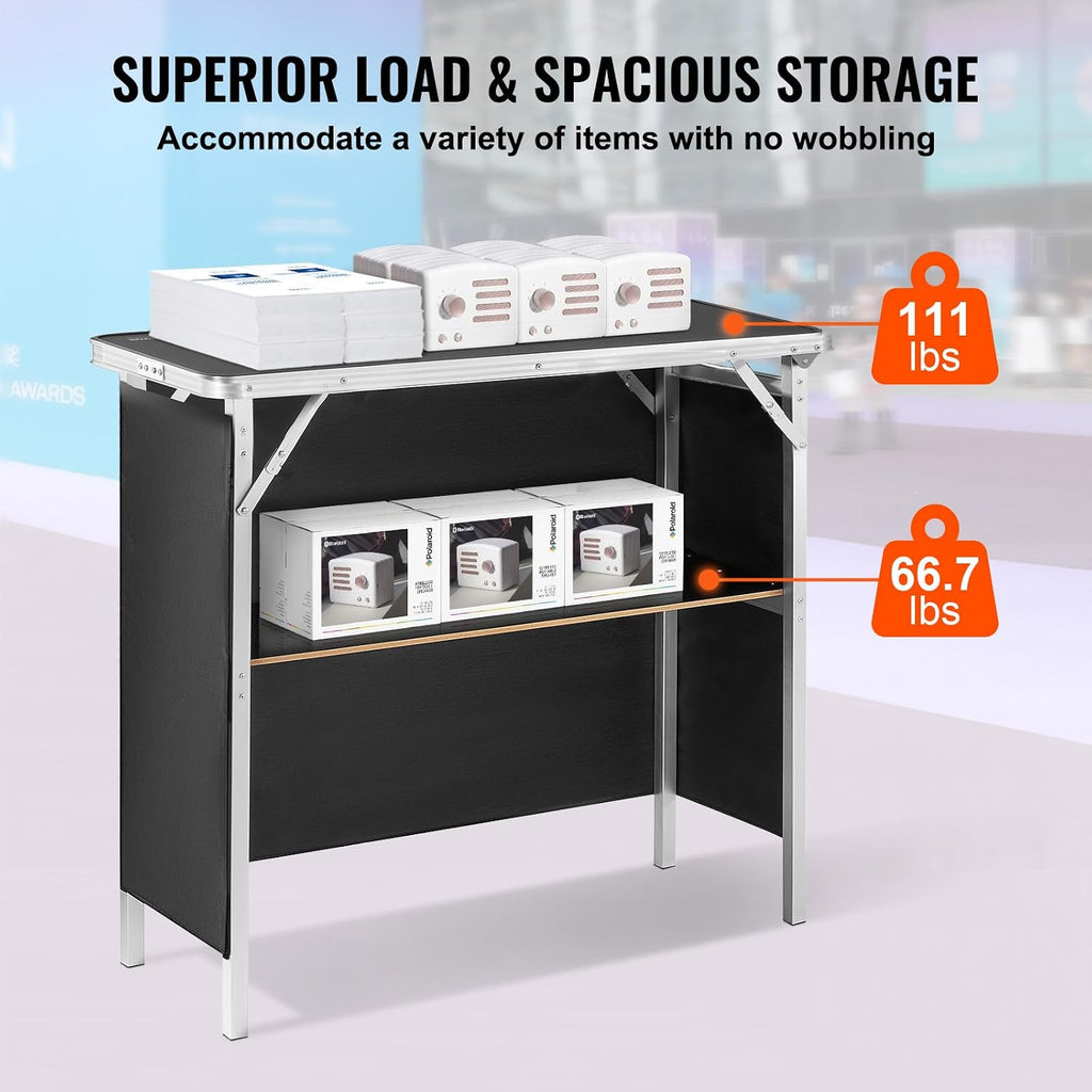 VEVOR Folding Portable Bar Table, Tradeshow Podium Table for Indoor, Outdoor, Party, Picnic, Exhibition, Includes Carrying Case, Storage Shelf and