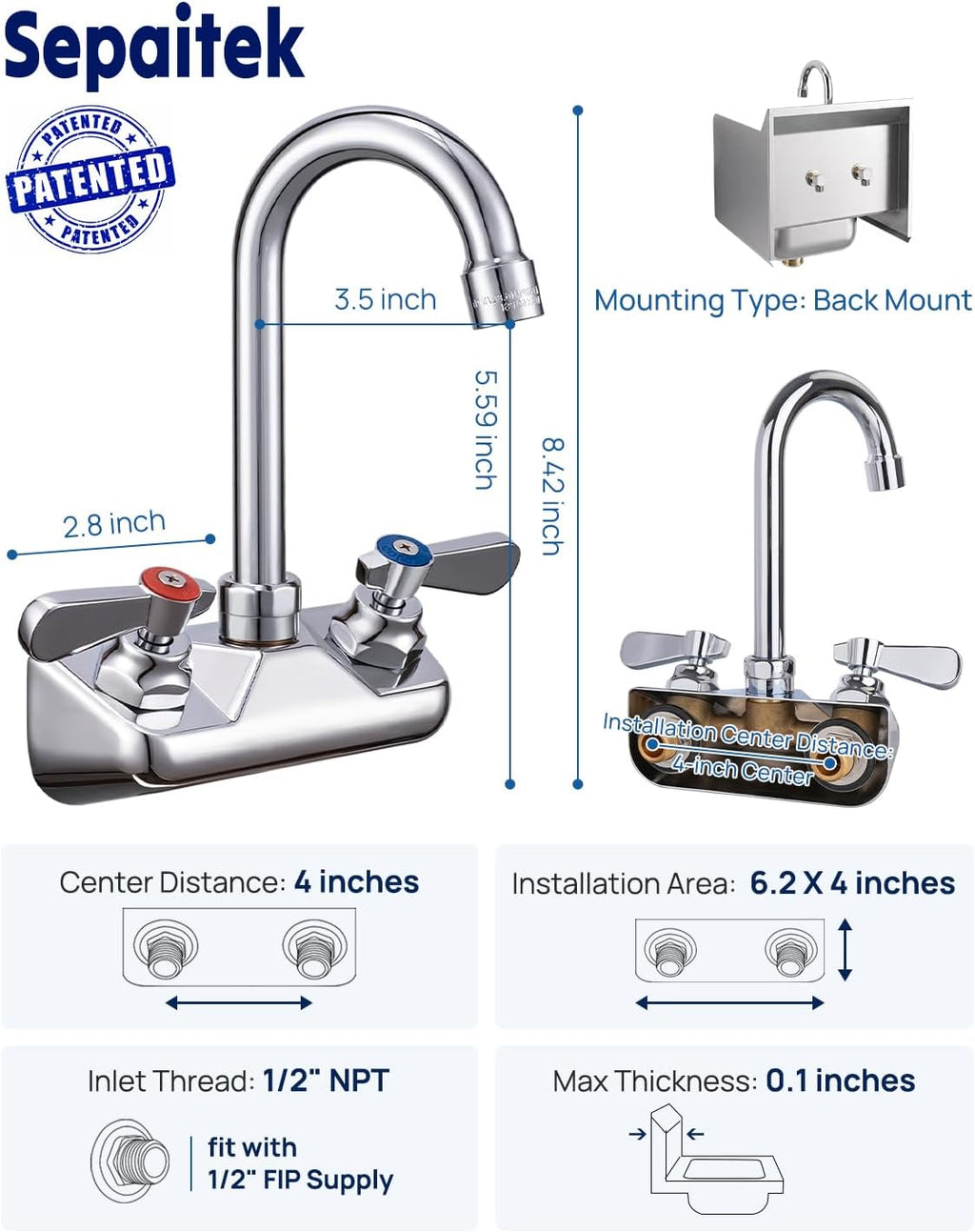 Commercial Hand Sink Faucet 4" Center Wall Mount, 3-1/2" Gooseneck