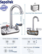 Commercial Hand Sink Faucet 4" Center Wall Mount, 3-1/2" Gooseneck