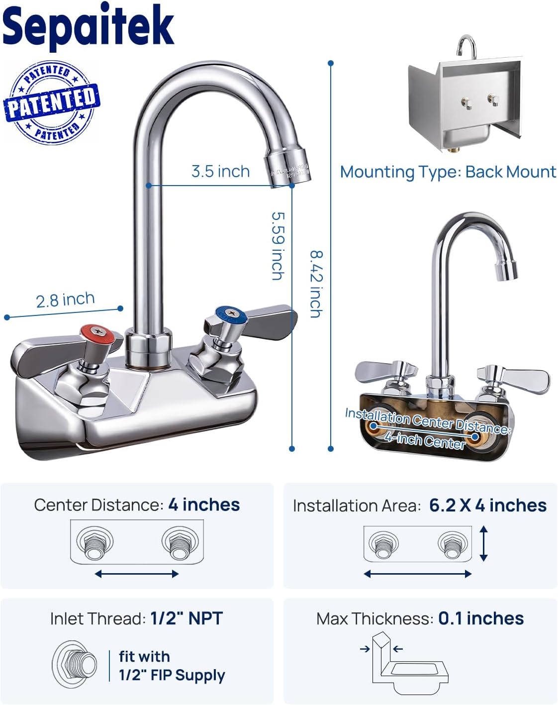 Commercial Hand Sink Faucet 4" Center Wall Mount, 3-1/2" Gooseneck