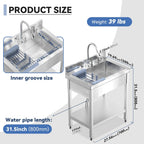 28" Commercial Stainless Steel Utility Sink, Single Bowl Freestanding Kitchen Sink with Hot & Cold Water Faucet, Drain Kit & Hoses for Restaurant