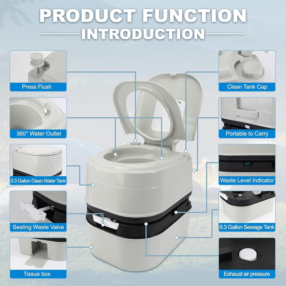 Portable Toilet, 6.4 Gallon 24L Piston Pump Flush with Level indicator Detachable Anti-Leak Handle Water Pump,Rotating Spout Indoor & Outdoor Hiking