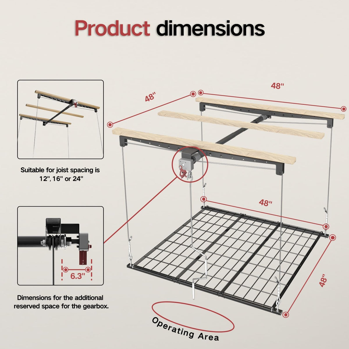 Overhead Garage Storage Rack for 8-10 FT Ceiling, Heavy-duty 4x4 FT Ceiling Storage Racks with Safety Lock, Ideal for Garage Storage Mounted Lift