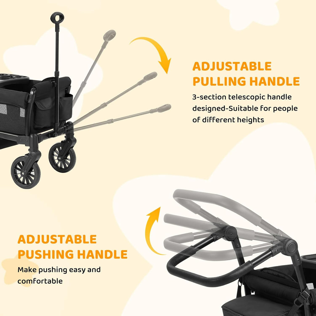 ELEMARA Foldable Wagon Stroller, Stroller Wagon for 2 Kids, Premium All Terrain Wagon for Kids with Removable Canopy, Adjustable Push/Pull Handle