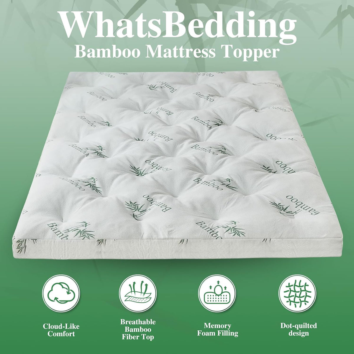 WhatsBedding 4 inch Bamboo Memory Foam Mattress Topper for Back Pain Relief Queen Size, Filled with Breathable Gel Memory Foam, Cooling Bamboo
