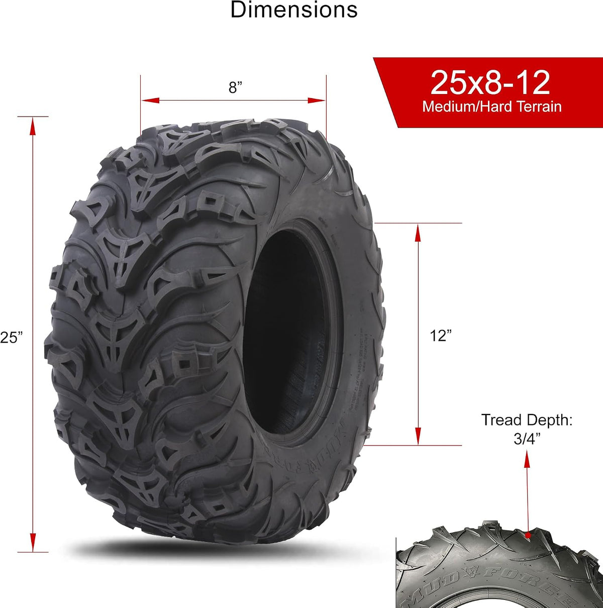 Tusk Mud Force ATV Tire Set - 25x8-12 Front, 25x10-12 Rear, Set of 4