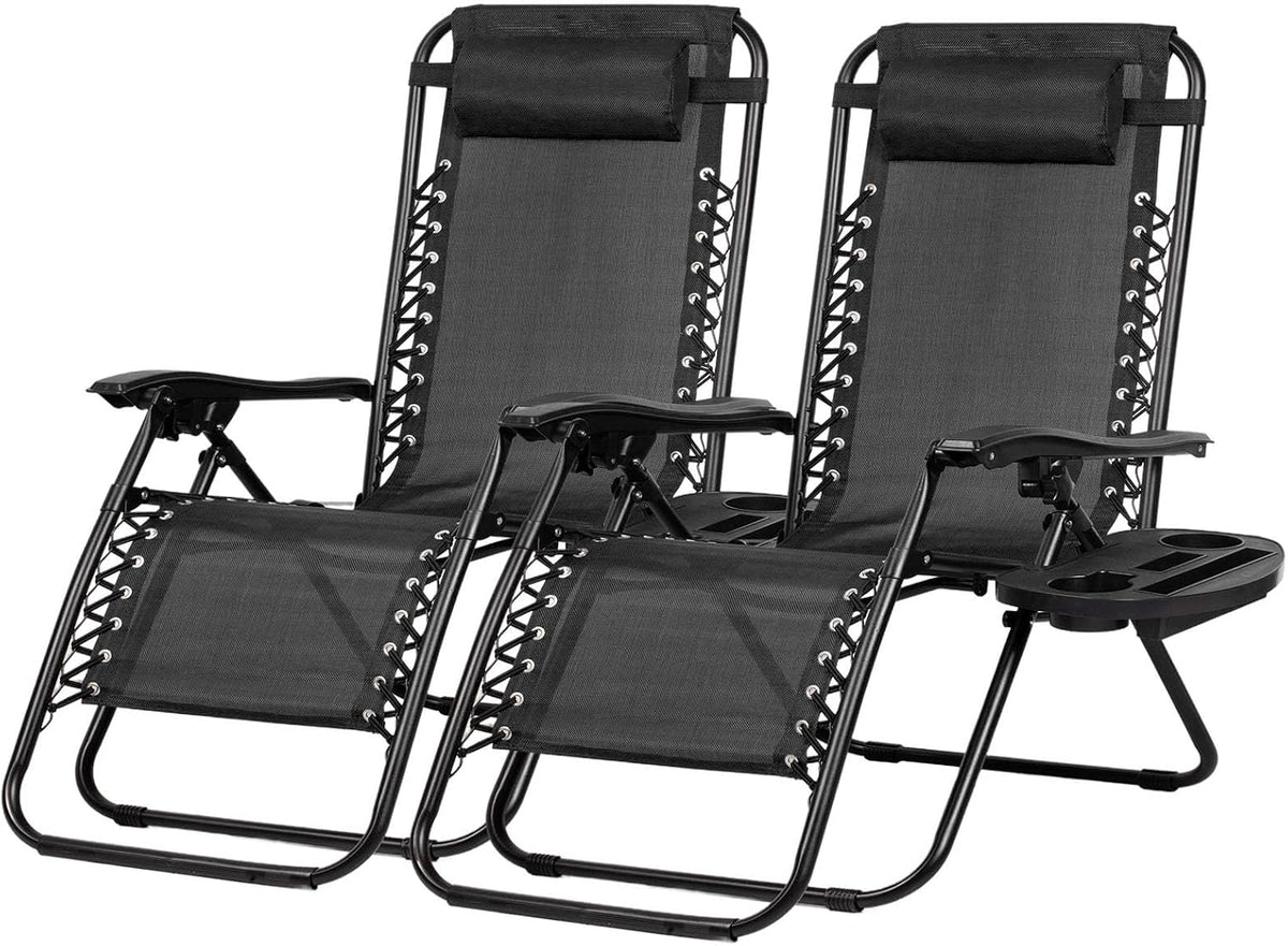 Nazhura Set of 2 Relaxing Recliners Patio Chairs Adjustable Steel Mesh Zero Gravity Lounge Chair Beach Chairs with Pillow and Cup Holder Black