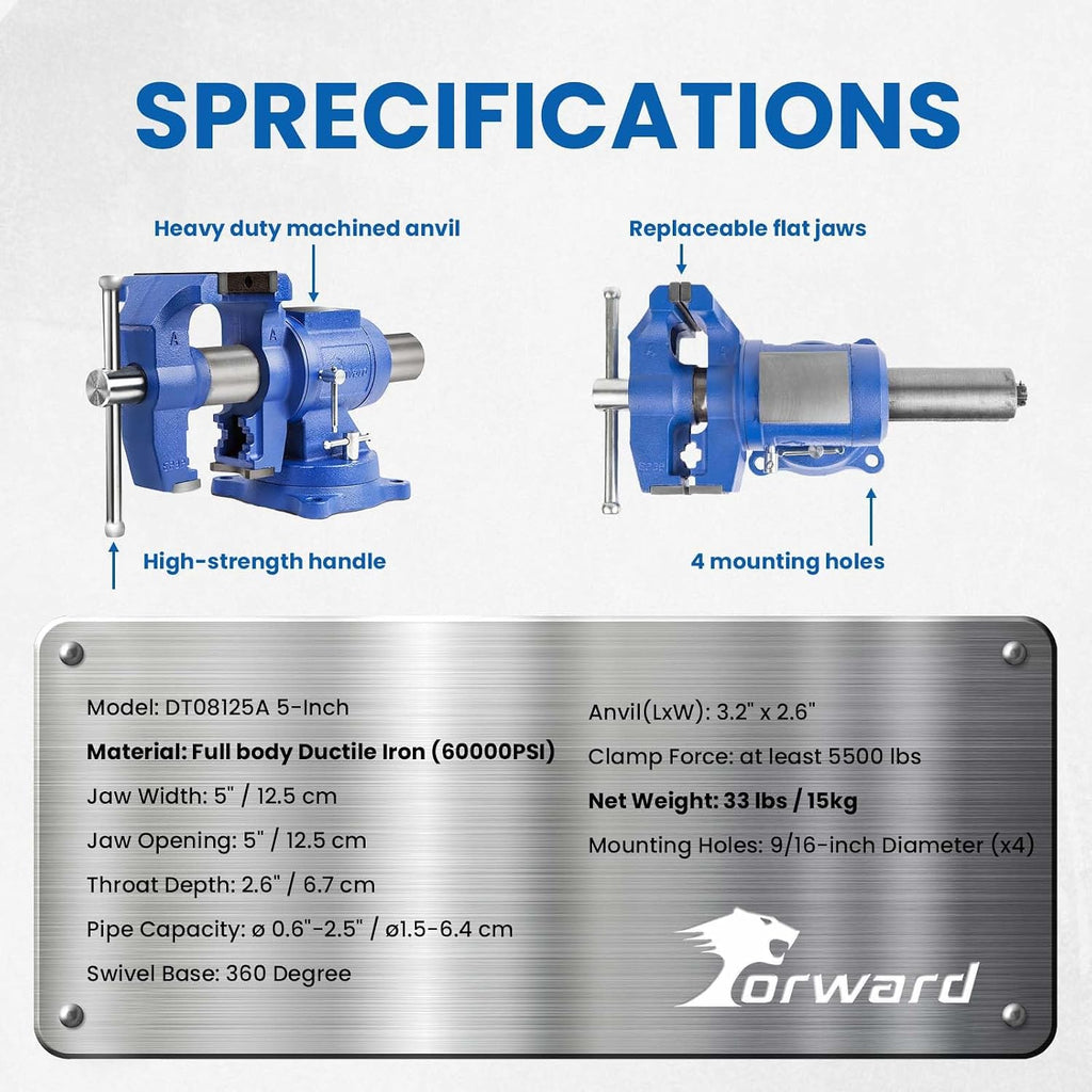 Forward DT08125A 5 Inch Heavy Duty Bench Vise with 360°Swivel Base and Head