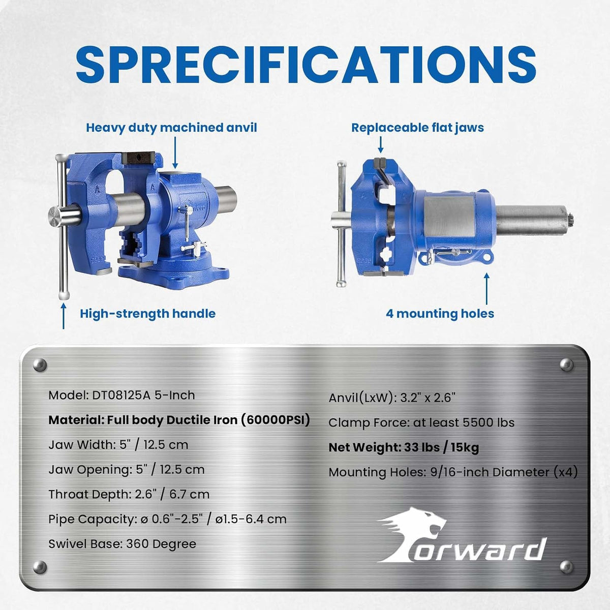 Forward DT08125A 5 Inch Heavy Duty Bench Vise with 360°Swivel Base and Head