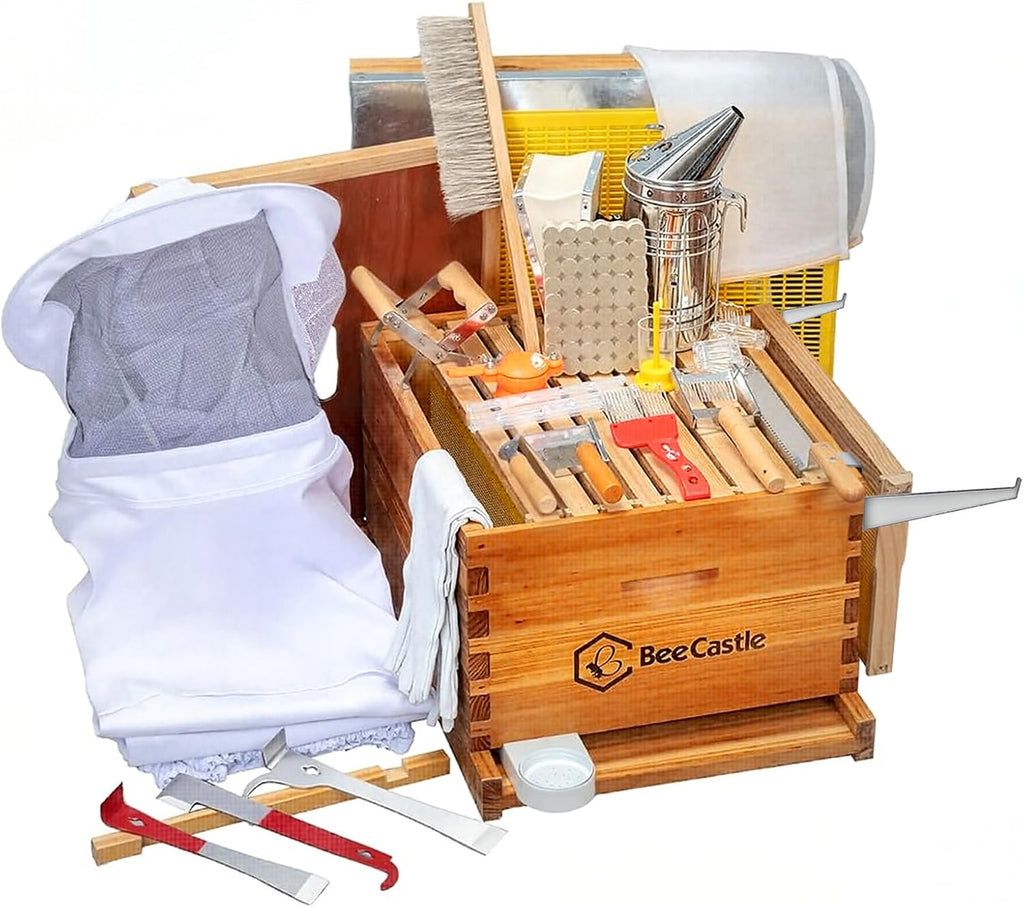 BeeCastle 10-Frame Bee Hives and Supplies Starter Kit,Beehive Kit Dipped in Beeswax,Bee Keeping Supplies-All Beginners Kit Includes Beekeeping