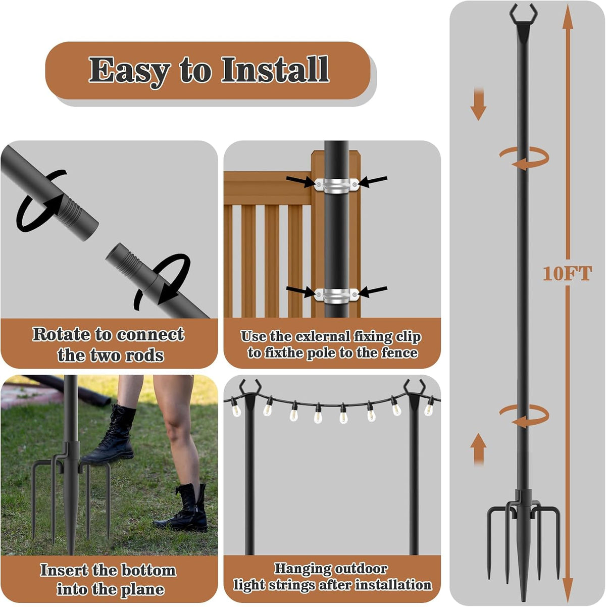 NUERPO 7 Pack String Light Poles,Metal Poles for Hanging Outdoor Light Strings,7 Pack 10 FT Light Poles Stand for Outside Garden,Patio,Wedding
