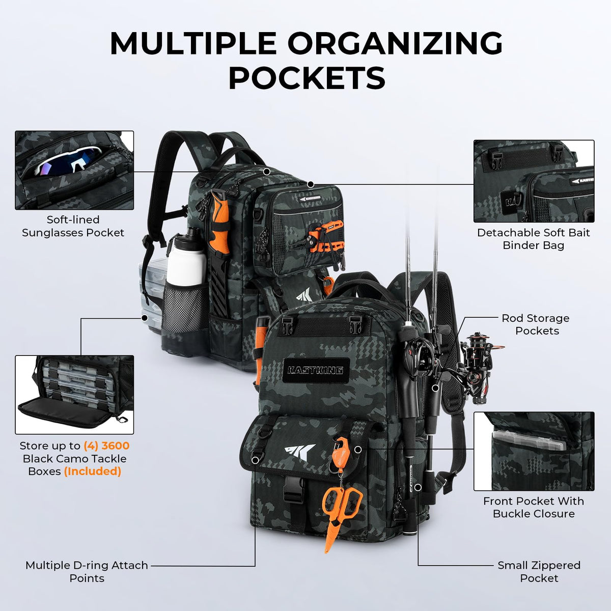 KastKing BaitSpace 50L Fishing Backpack with 4 Tackle Boxes, 2 Rod Holders