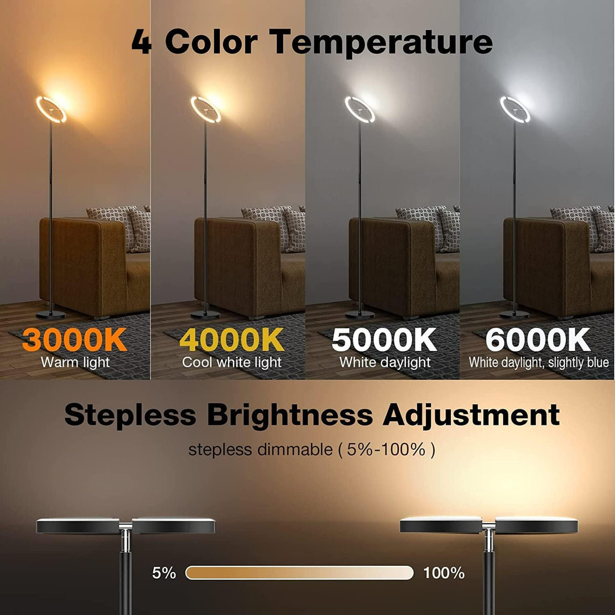 LED Floor Lamp - Dimmable Tall Standing Lamp with Remote Control/Button, 3000-6500K, 22W Modern Floor Reading Light, Uplighter Corner Floor Lamp for
