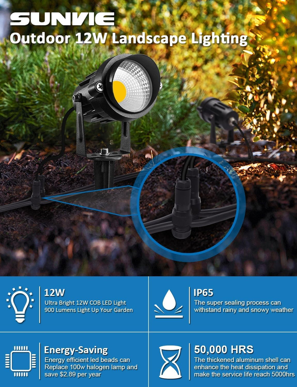 SUNVIE 24 Pack Low Voltage Landscape Lights LED Spotlights with Connectors
