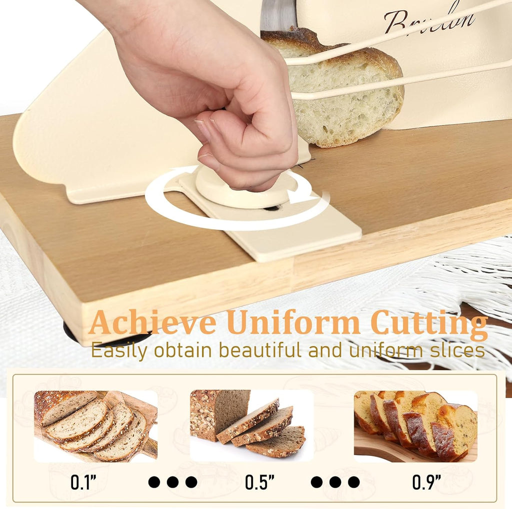 Manual Bread Slicer for Homemade Sourdough,Adjustable Thickness,Hand Crank Bread Slicer with Stainless Steel Blade, Aluminum Alloy Frame & Solid Wood