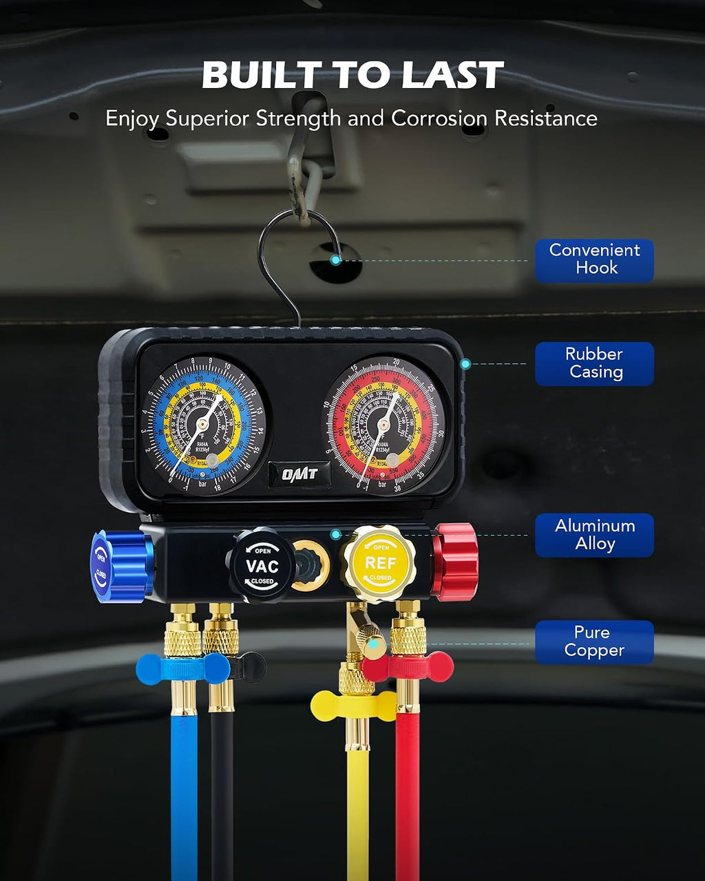 OMT AC Manifold Gauge Set with 5ft Hoses for R1234yf R404a R134a, 4 Way