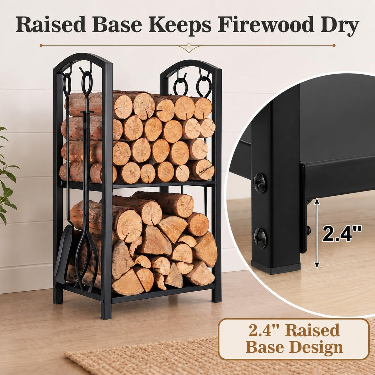 Firewood Rack Log Holder with 4-Piece Fireplace Tool Set, 29" H