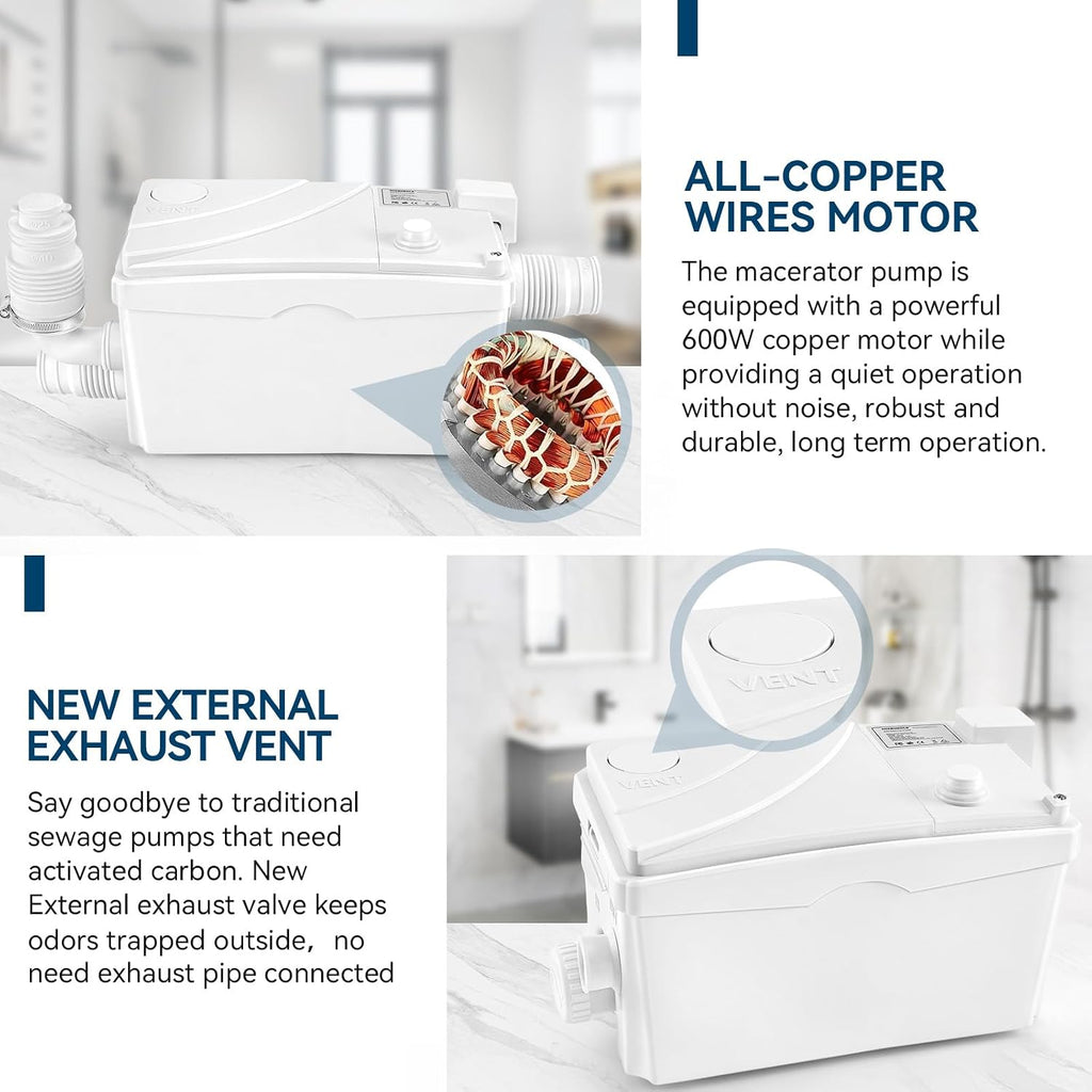 600W Utility Sink Pump with PCB Function Upgrade Structure Upflush to 25FT 1700GPH Under Sink Pump with 3 Water Inlets 1 Outlet Macerating Toilet