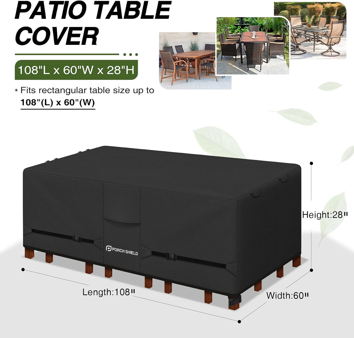 Porch Shield Waterproof Rectangular Patio Table Cover 108 x 60 inch, Black